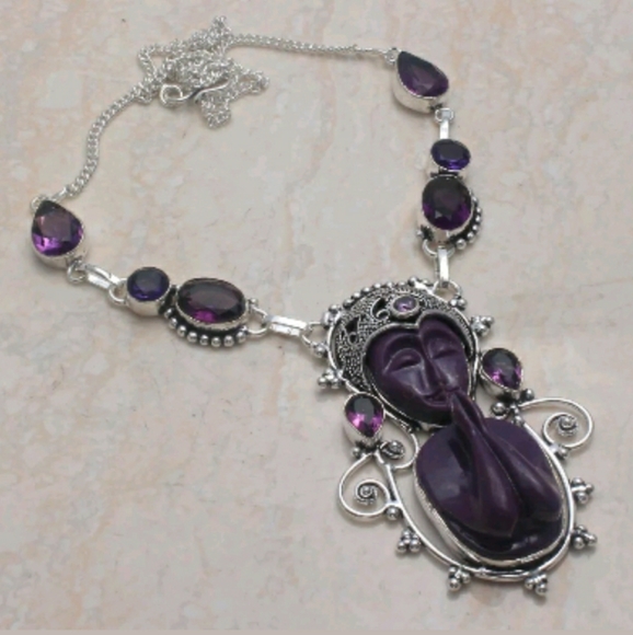 New Carved Praying Goddess Amethyst 925 Silver Necklace. - Picture 1 of 1